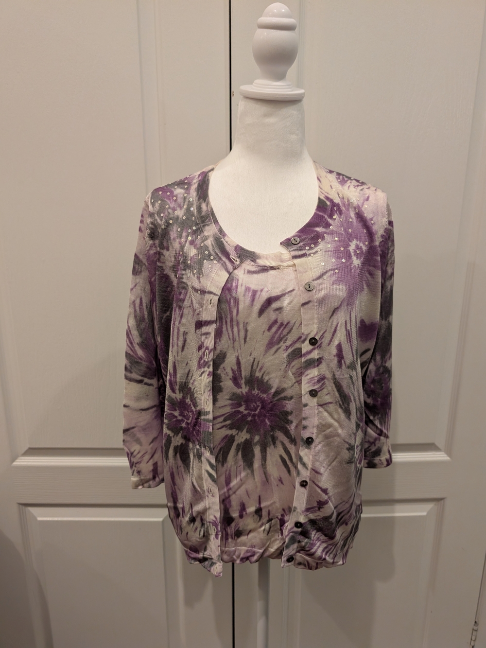 Women’s Purple And Grey Graphic Sweater Set With Tank And Button Cardigan Top